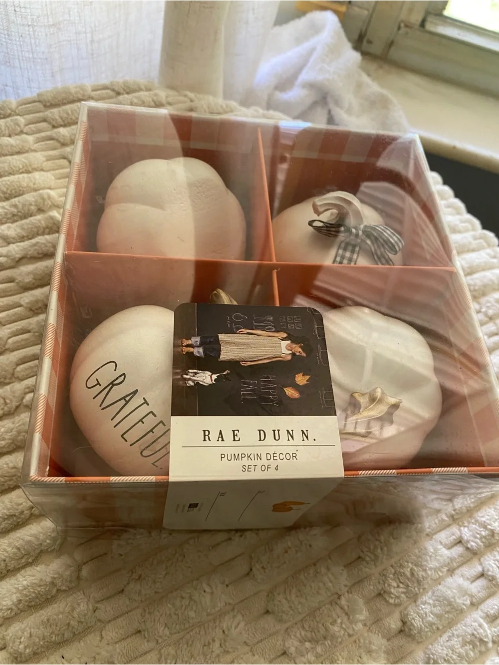 NIB Rae Dunn Fall White Pumpkin Decor Set of 4 Grateful Gingham Ribbon